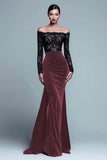Black and Burgundy Off The Shoulder Velvet Long Sleeves Formal Dress with Lace