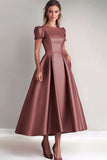 Fuchsia A Line Puff Sleeves Mother of the Bride Dress