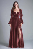 Burgundy Velvet Square Neck A Line Formal Dress with Slit