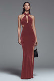 Dark Green Velvet Halter Sheath Long Formal Dress with Slit
