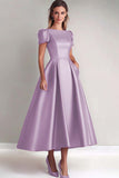 Fuchsia A Line Puff Sleeves Mother of the Bride Dress