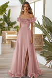 Off The Shoulder Blue A Line Formal Dress With Slit