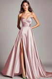 Dusty Sage Strapless A Line Ruched Satin Long Prom Dress with Slit