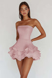 White Strapless A Line Tiered Matte Satin Graduation Dress