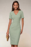Black Bodycon V-Neck Midi Work Dress with Short Sleeves