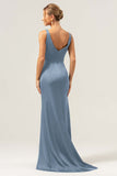 Dark Green Sheath V Neck Ruched High-Low Bridesmaid Dress with Slit