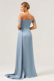 Sage Mermaid Off The Shoulder Pleated Satin Bridesmaid Dress with Slit