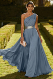 One Shoulder Olive A Line Chiffon Maxi Dress