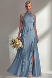 A Line Burgundy Halter Neck Chiffon Long Bridesmaid Dress with Ruffles