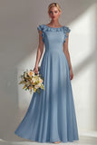 Chiffon Burgundy A Line Bateau Neck Long Bridesmaid Dress with Ruffles