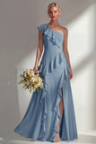 Butter Yellow A Line One Shoulder Chiffon Long Bridesmaid Dress with Ruffles