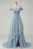 Off the Shoulder Chiffon Butter Yellow A-Line Ruched Maxi Dress with Slit