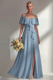 Burgundy A Line Off the Shoulder Long Bridesmaid Dress with Ruffles