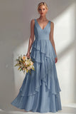 A Line Chiffon Burgundy V-Neck Long Bridesmaid Dress with Ruffles