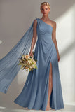 Burgundy A Line One Shoulder Chiffon Long Bridesmaid Dress with Slit