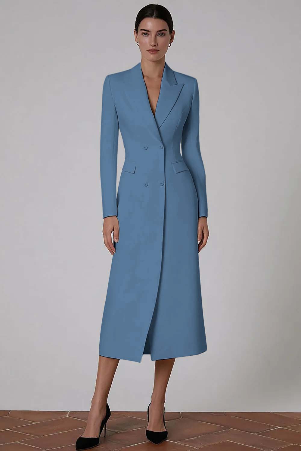 Zapaka Women Ivory Blazer Dress Peak Lapel Double-breasted Business Outfit, Dusty Blue / M