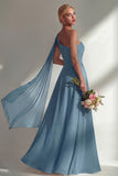 Burgundy A Line One Shoulder Chiffon Long Bridesmaid Dress with Slit