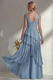 A Line Chiffon Burgundy V-Neck Long Bridesmaid Dress with Ruffles