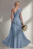 Butter Yellow A Line One Shoulder Chiffon Long Bridesmaid Dress with Ruffles