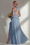 A Line Burgundy Halter Neck Chiffon Long Bridesmaid Dress with Ruffles