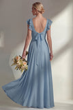 Chiffon Burgundy A Line Bateau Neck Long Bridesmaid Dress with Ruffles