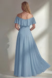 Burgundy A Line Off the Shoulder Long Bridesmaid Dress with Ruffles