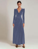 Olive Velvet A-Line V-Neck Formal Dress With Long Sleeves