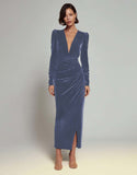 Olive Sheath V-Neck Ruched Velvet Long Formal Dress with slit