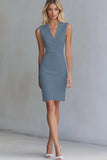 Ivory Bodycon Satin V-Neck Short Work Dress