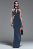 Dark Green Velvet Halter Sheath Long Formal Dress with Slit
