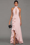 Black Sheath Halter Neck Ruffled Cut Out Long Formal Dress with Slit
