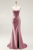 Mermaid Corset Beaded Strapless Blush Long Prom Dress With Slit