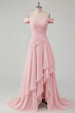 Off the Shoulder Chiffon Butter Yellow A-Line Ruched Maxi Dress with Slit