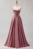 Golden Strapless Satin A-Line Corset Long Prom Dress