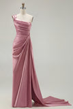 Green One Shoulder Ruched Sheath Long Prom Dress with Slit