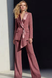 2 Piece Cream Yellow Peak Lapel Women's Work Suits with Sash