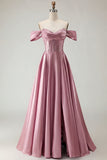 Off The Shoulder A Line Beaded Satin Purple Long Prom Dress with Slit