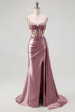 Corset Champagne Mermaid Beaded Long Prom Dress