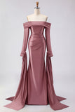 Dark Green Off The Shoulder Ruched Satin Mermaid Long Prom Dress with Long Sleeves
