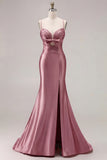 Fuchsia Mermaid Cut Out Satin Pleated Bowed Long Prom Dress with Slit