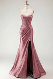 Sweetheart Burgundy Mermaid Beaded Corset Plus Size Long Prom Dress with Slit