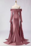 Dark Green Off The Shoulder Ruched Satin Mermaid Long Prom Dress with Long Sleeves