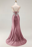 Blush Mermaid Corset Sequin Long Prom Dress with Ruffled Slit