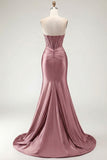Champagne Sweetheart Beaded Mermaid Corset Ruched Long Prom Dress with Slit
