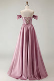 Off The Shoulder A Line Beaded Satin Purple Long Prom Dress with Slit