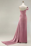 Green One Shoulder Ruched Sheath Long Prom Dress with Slit