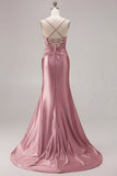 Fuchsia Mermaid Cut Out Satin Pleated Bowed Long Prom Dress with Slit