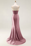Mermaid Corset Beaded Strapless Blush Long Prom Dress With Slit
