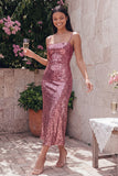 Sparkly Gold Bodycon Spaghetti Straps Midi Dress with Sequins