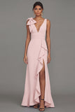 Dark Green Sheath V-Neck Ruffled Ruched Long Formal Dress with Slit